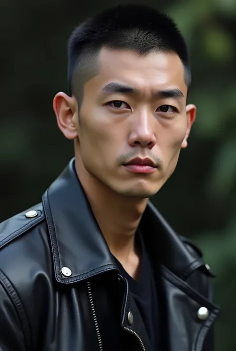  Korean man, 24 years old,  tall and well defined ,  fair skin , onyx eyes ,  very short black hair shaved almost bald,  full lips , thick eyebrows , defined jaw,  with a serious expression ,  dressed in a leather jacket .