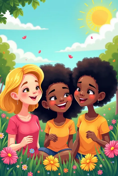  Create a cartoon image of three friends a blonde, Negra e Morena 
