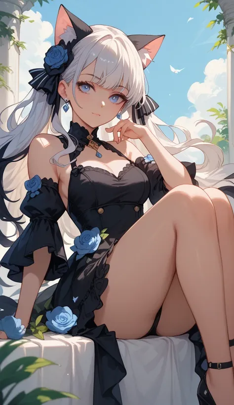 A anime pretty beautiful anime girl wearing a black dress her hear is a cats hear, her eyes deep meaning pretty, White colour hair and show her Head to Knees