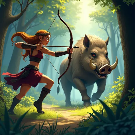 An epic anime-style scene from Atalanta at the exact moment you hit the Calydon Boar.  The warrior is positioned in a dense forest , with your feet firmly on the ground,  holding its bow with determination . The giant wild boar ,  with fierce eyes and shar...