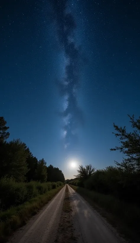 A breathtaking view of a starry sky over a quiet dirt road in a rural area at night. The stars are vivid and bright, with the moon casting a faint glow over the landscape. The road is surrounded by trees and bushes, creating a serene and peaceful atmospher...