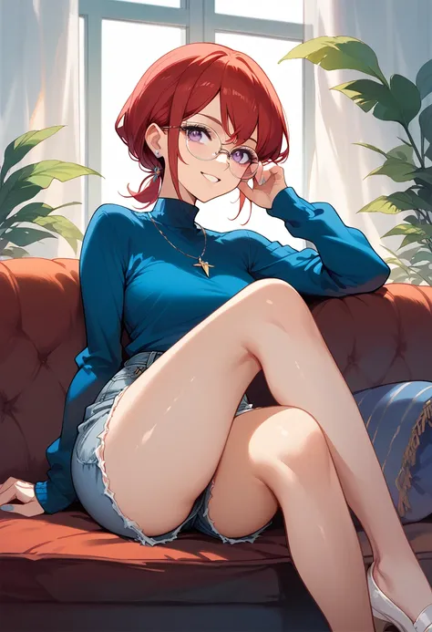 masterpiece, high definition , top quality,8k
(Mars, red Hair, purple Eyes, glasses)
(Blue shirt, blue jean short)
Smiling, sitting, crossing legs