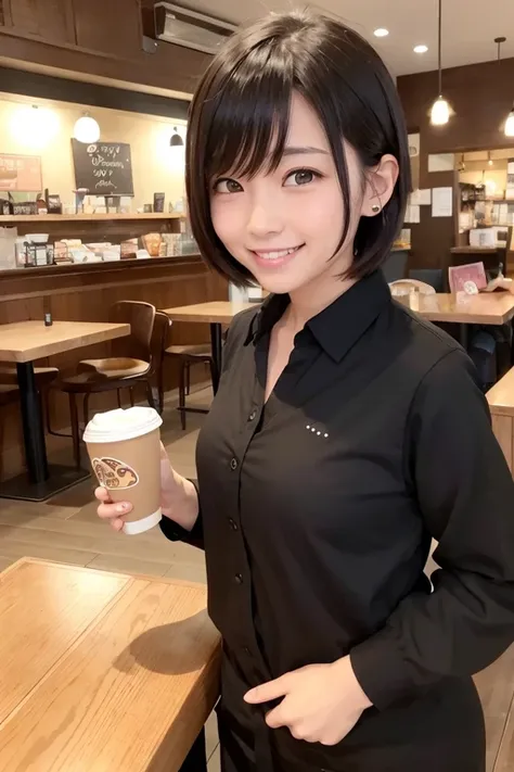  cafe clerk 、 coffee shop、 high res,  shortcuts,  smiles, Double teeth, Pac-Man shaped eyes,  I blow smoke out of anger( manga ),  shy,  sleepy,  seductive smile, 
 and 、 restaurant 、Cute store clerk、Im wearing my hair on one ear、serving customers、 standin...