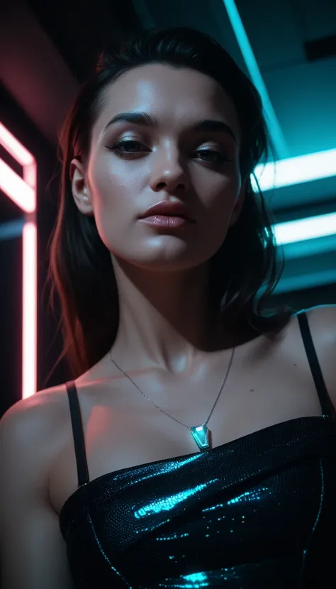 score_9, score_8_up, score_7_up, score_6_up, score_5_up, score_4_up, Glowing neon reflection, glossy lips, cyberpunk vibe, dramatic low angle, high-angle, elegant neckline, soft shoulder curve, gentle tilt, subtle shadows, refined elegance