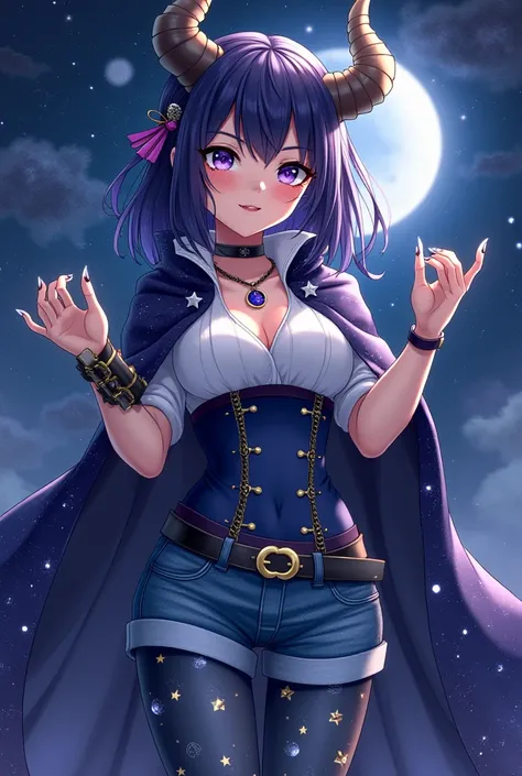  Please generate me an anime picture :
 girl :  black stars on the cheeks ,  sharp fangs , On goal horns,  hands became larger ,  fingers became sharp ,  glowed like the galaxy and already seemed to be the hands of some monster,  hair lengthened dark purpl...