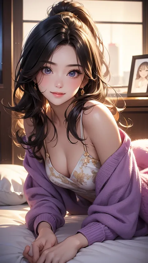  table top in bed,  top quality , shape,  super detailed , finely,  high res, 8k wallpaper, 完璧なダイナミックな構shape,   beautifully detailed eyes , Tokyo Trends冬ファッション,Tokyo Trends＆ randomly introduces cute hairstyles wearing a purple camisole,  small breasts,  na...