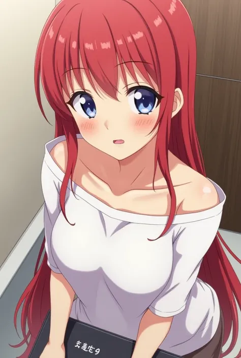 score_9, score_8_up, score_7_up, score_6_up, score_5_up, score_4_up, source_anime, 1girl, solo,  long red hair, bangs, blue eyes, wearing off the shoulder oversized midriff tshirt , looking at viewer, indoors, bathroom selfie  , slightly muscles, cleavage,...