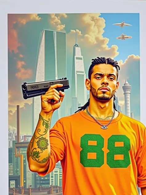 Handsome guy, flower tattoo on hand, holding a gun, gangster, dreadlocks hairstyle, at a beautiful city, 4k resolution, raw, super realistic