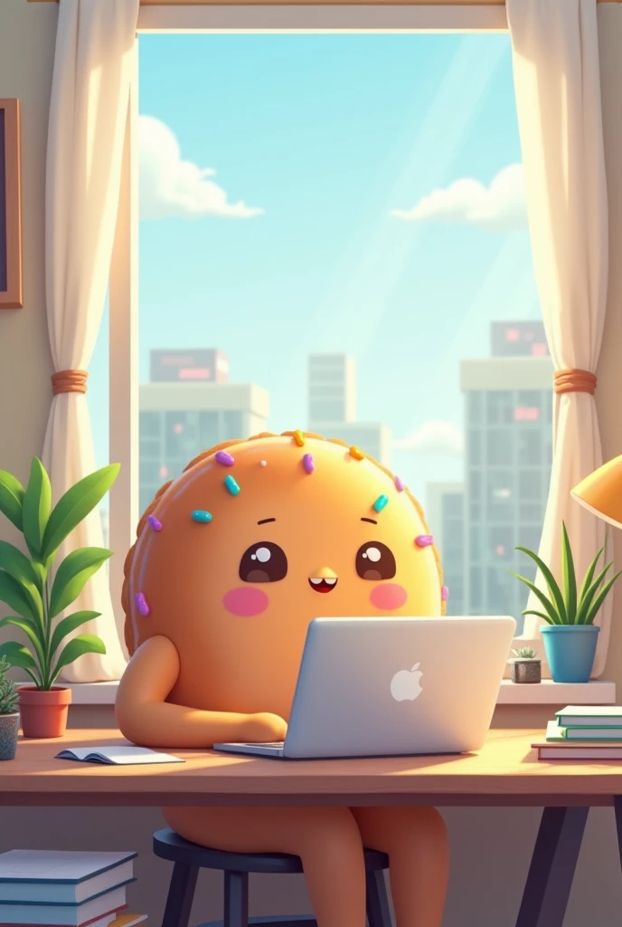 Donut character is working in front of a labtop
