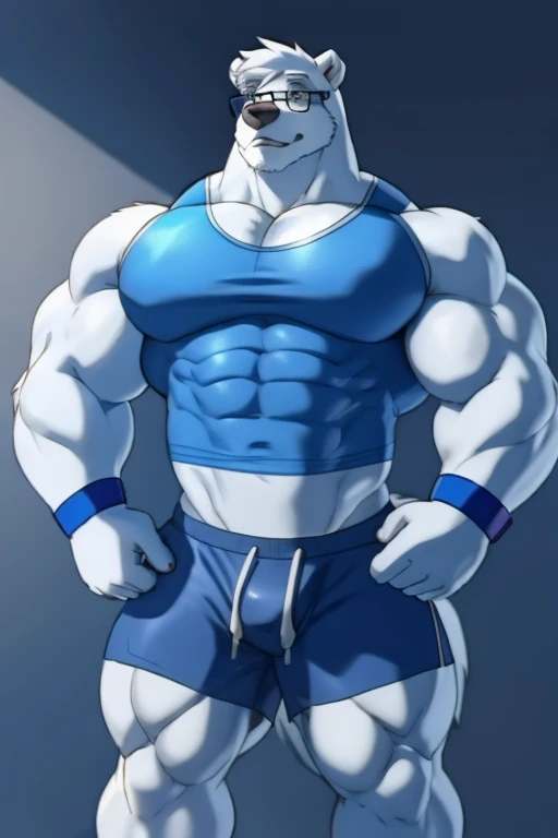 Alone, 1 ,  Huge muscular White Polar Bear wearing glasses , huge PIEL BLANCA, chest, chest enorme, wide chest,  Short white hair ,  blue shorts ,  blue wristbands and blue sleeveless t-shirt,  white beard,  very dirty, PIEL BLANCA,  simple background,  ma...