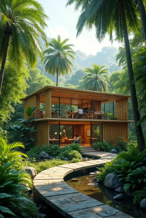 software office in the jungle with coconut and bamboo trees