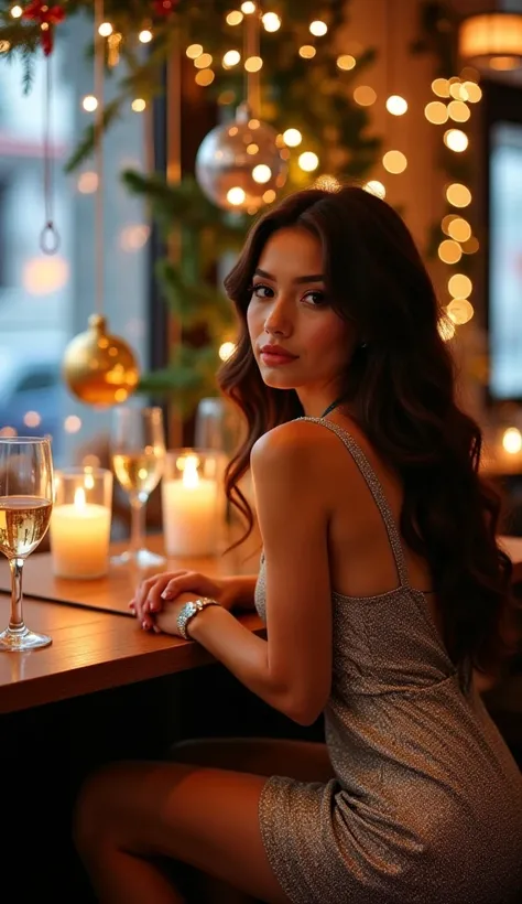 A cozy cafe decorated for New Year, with a warm, inviting ambiance. The room is dimly lit with soft lighting, reflecting a warm, intimate vibe. You, a beautiful woman with an oval face, flawless fair skin, and delicate freckles on your cheeks, are sitting ...