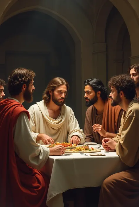 Create an image of Jesus having a meal with his disciples 