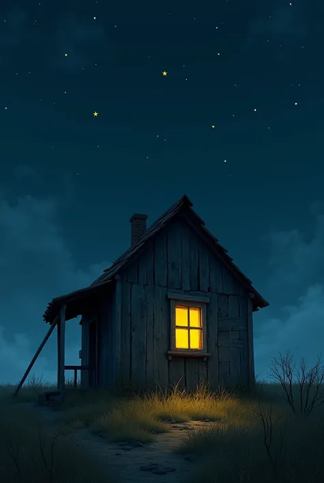 Create an image of an old, old wooden house with a yellow light coming out the window and the night 