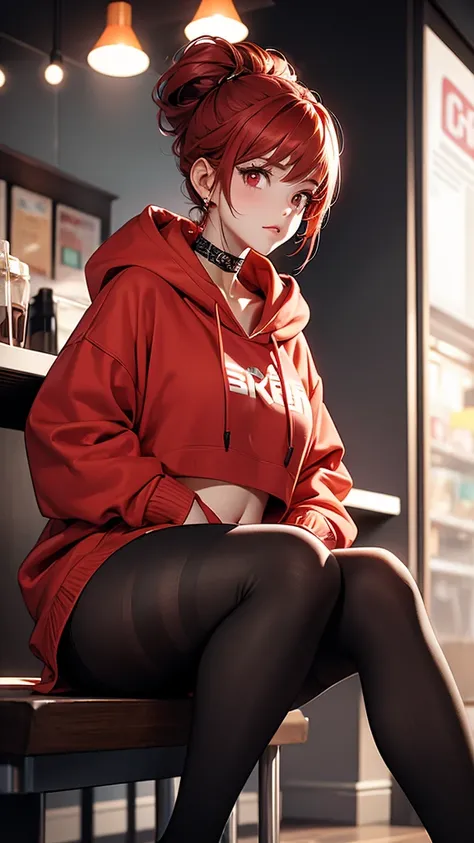  1 girl, Red Hair,  updo hairstyle , Hair on face ,  red eyes,  mascara,  oversized hoodie , midriff,  hotpants, tights, laced tights,  Dark Circles Under Eyes,  sitting,  coffee shop, Ground-angle shot ,  viewers looking up , feet in tights,   saggy breas...