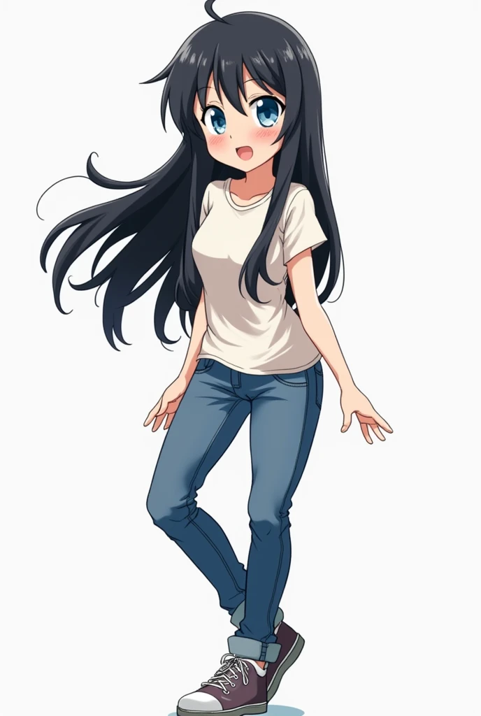 
A female anime character with an oval face shape and glowing skin. She has large, round sky-blue eyes, full lips, and thin eyebrows. Her hair is long, straight, flowing, and black with a slightly spiky texture. She is wearing casual clothing, such as a t-...