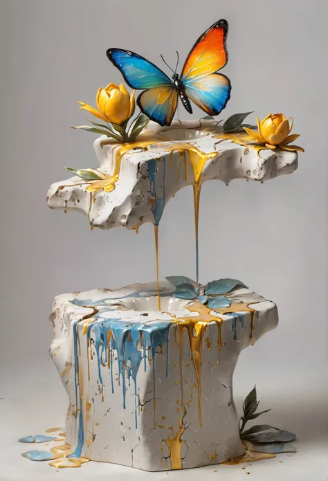 ((display， Still Life Table ， Artistic Statues，3D sculpture， ceramic ，Superficial fissures ，Cracked texture)), showing the beauty of nature.gold，colored powder，  To emphasize your artistic quality .
