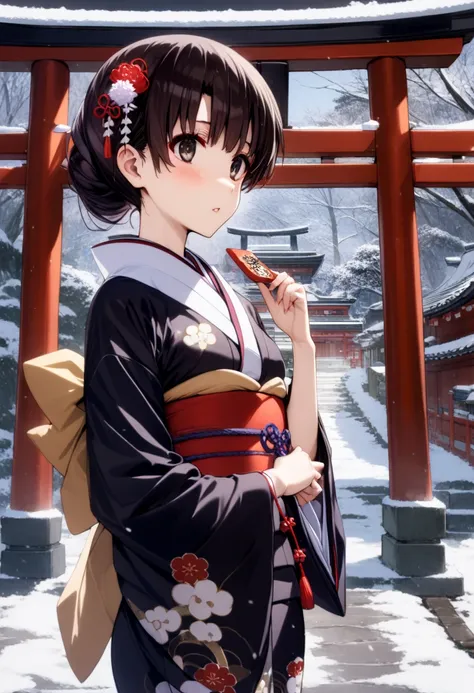 1girl, solo, megumi katou, tied up black hair, traditional japanese furisode kimono, snake motif, shrine background, hatsumode, new years visit, japanese hair ornaments, kanzashi, winter scene, snow, torii gate, shrine buildings, omamori, stone lanterns, m...