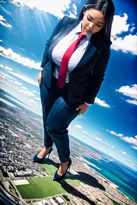 Hight altitude view of an approaching young giga giantess, Giantess art, 500 miles tall giga giantess, young sophisticated and stylish woman in a navy blue italian pinstriped trouser 3-peice suit, form fitting crisp office shirt, and a large wide light blu...