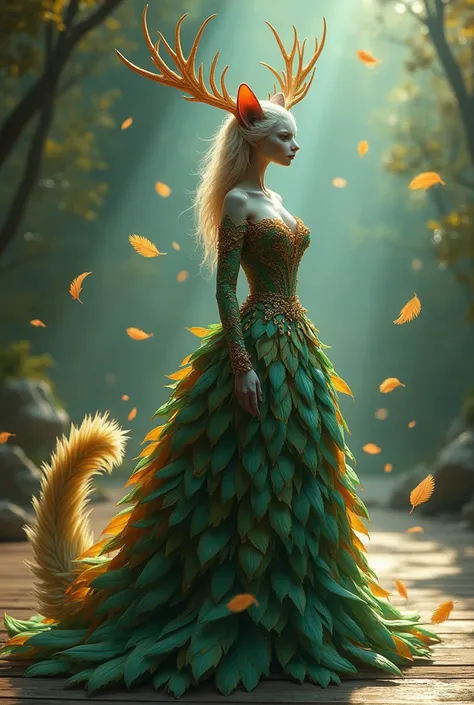 An enchanting hybrid creature with the head of a majestic cat, adorned with antlers, and the body of a woman elegantly dressed in a gown made entirely of vibrant, natural feathers. The feathers are layered intricately, blending colors of emerald green, gol...