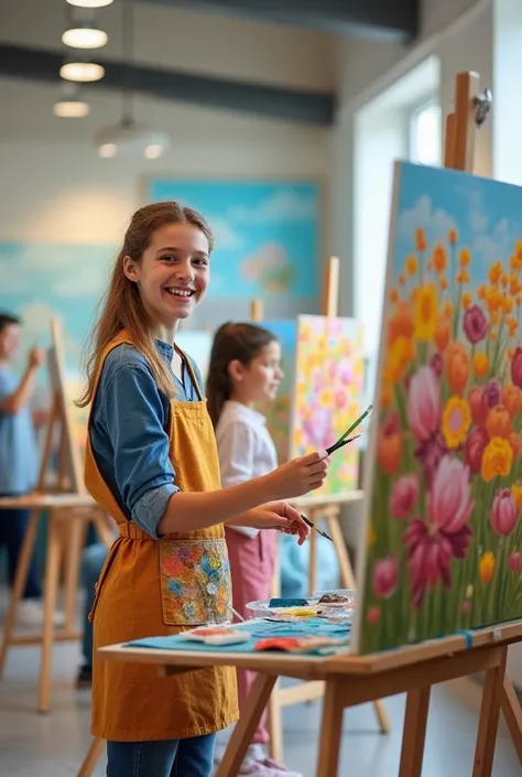 Create an image with students painting pictures with flowers. In the room there are easels , lots of paints and brushes.  the students have aprons and are painting happily in a large space with many paintings