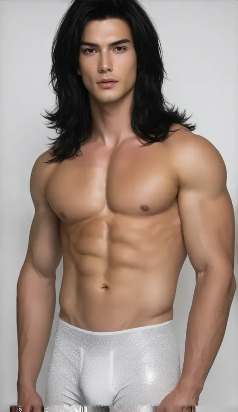 Full body photorealistic handsome hunky young slender futuristic young Superman with black long hair wearing a white and silver micro scale textured underwear and shirtless.  Posed for a magazine 