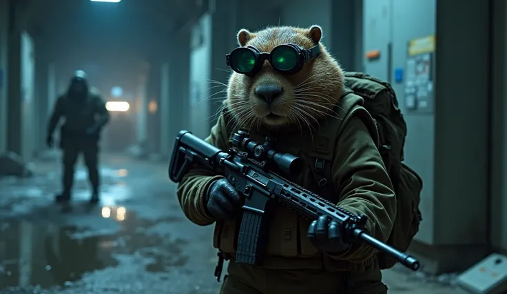 An adult mercenary capybara with tactical equipment ,  night vision goggles and a long rifle with a laser sight ,  hidden behind an alien box in a dark scientific facility and something destroyed by the alien in Antarctica.  The alien is seen in the backgr...