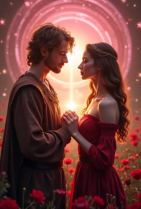  Young couple facing each other , 1 man and 1 woman,  with their hands on each others hearts , in the chest,   light hair and skin .  Medieval clothing,  in shades of brown  , longing, red. In the background,  a beautiful vortex of light ,  pink spiritual ...