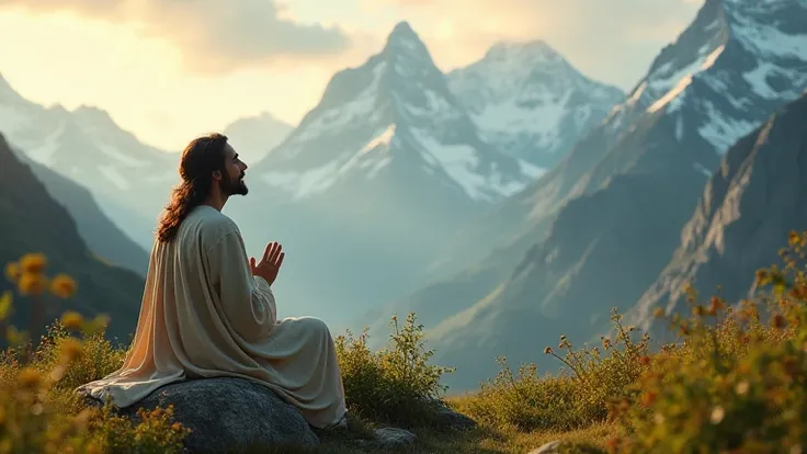 
Jesus Christ praying in a paradisiacal setting with mountains illuminated by the morning sky - Panoramic camera - ultra realistic - 8k