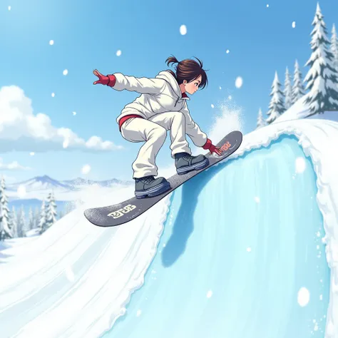 Snowboarding、Half Pipe、529 logo on board、woman、White wear、beautiful、 anime style、 Hi-Res、 Hi-Res、 Hi-Res、