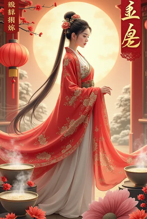 Make a New Year postcard with the theme: Chinese Cultural New Year, Wear Chinese Hanfu, Year of the Snake, Rice Cake Soup, Numbers, Illustration, 2025