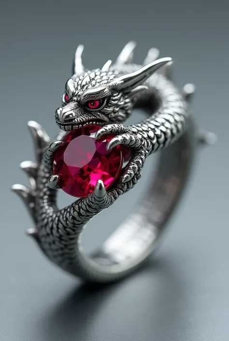  A picture of a silver dragon-shaped ring, with a claw holding a cut red stone