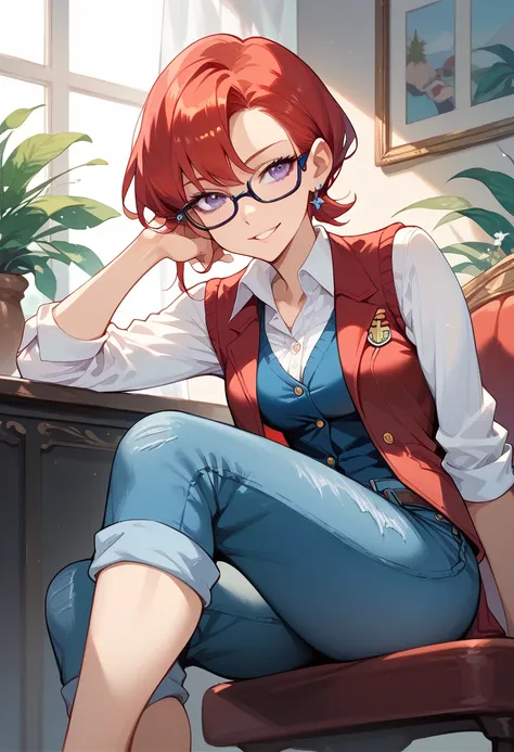 masterpiece, high definition , top quality,8k
(Mars, red Hair, purple Eyes, glasses)
(Red vest, blue jean short)
Smiling, sitting, crossing legs