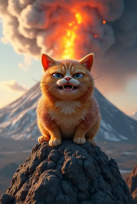 Kater donut with an angry facial expression and on top of it let out an erupting mountain
