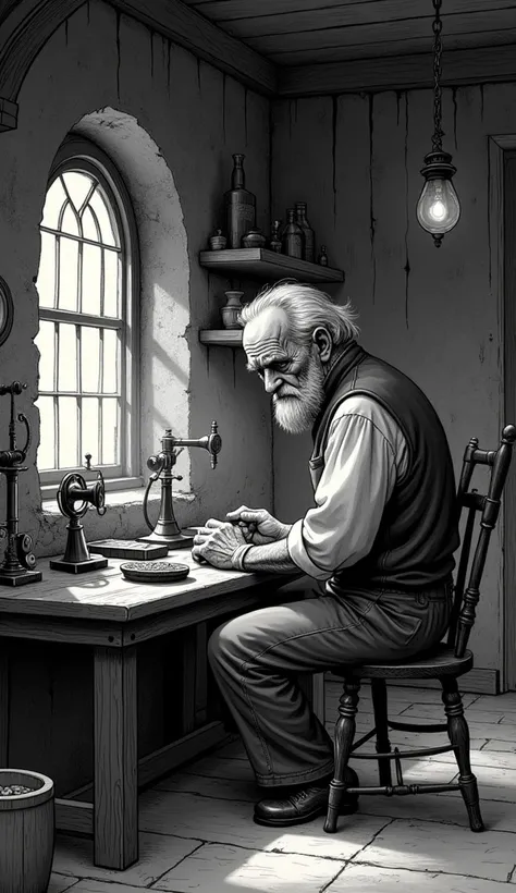 Old workshop,  at the center, an old, hunched clockmaker sits at his wooden bench, his gnarled hands adjusting a pocket watch under the glow of a single, flickering lamp, black ink and wash style animation