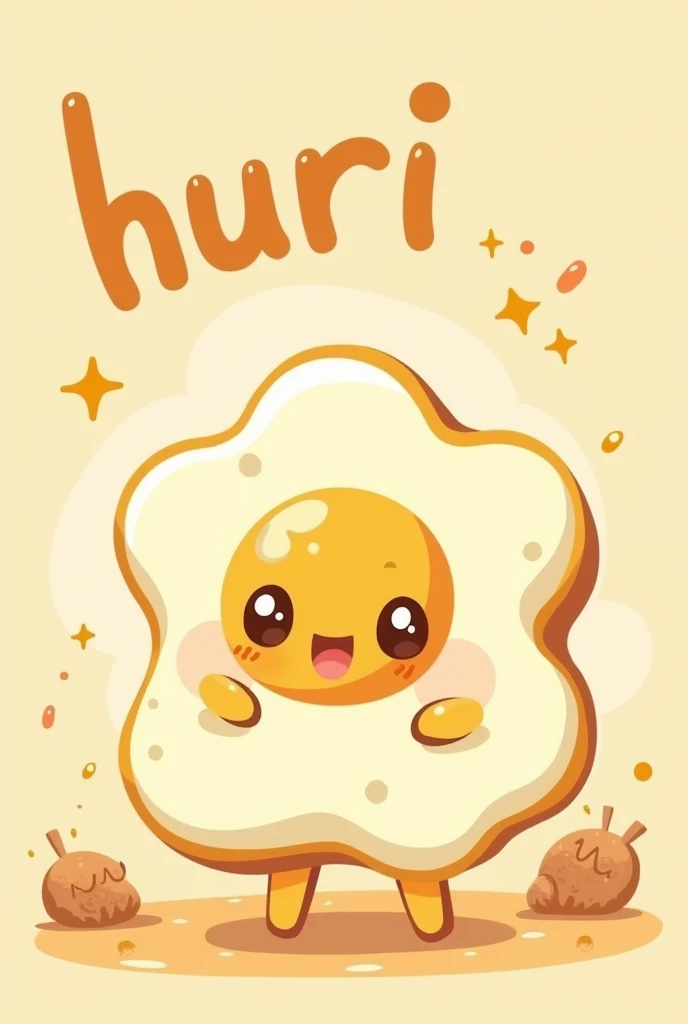 This is a picture of a cute fried egg character with “huri” written on the background