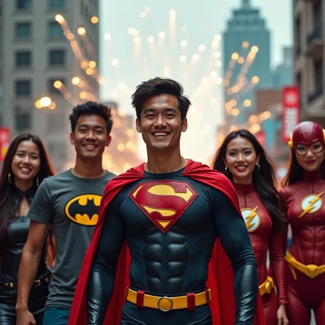  Photo of handsome Indonesian man age 25 ,  wearing superhero clothes are on the streets of the city , next to the left there is a handsome Indonesian man wearing a batman shirt,in the back there is a handsome Indonesian man wearing a flash hero shirt , in...