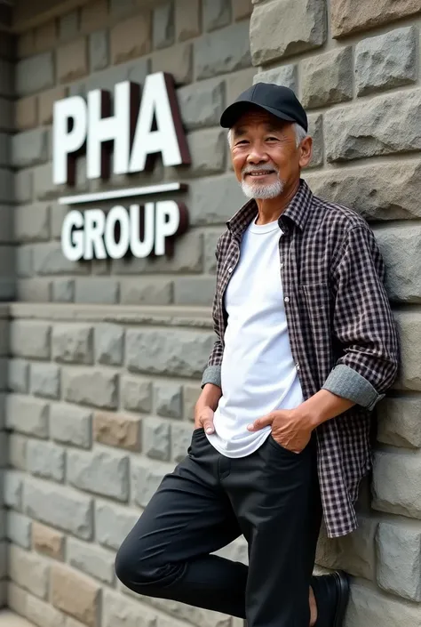  old Indonesian male with real human skin color, wearing a black baseball cap, wearing a white T-shirt, a checkered shirt, and black pants, and shoes, posing leaning against a stone wall, the name (PHA GROUP) is embossed in 3D, on the wall is very clear on...