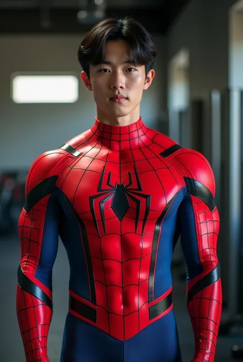 Handsome and sexy Korean teenager, teenager, young, male, wearing Spiderman costume while showing his sixpack abs, muscular, sixpack, young, front view, Korean idol, hot, very muscle, very horny biceps and triceps, photo realistic, realistic, 8k, UHD, sexy...