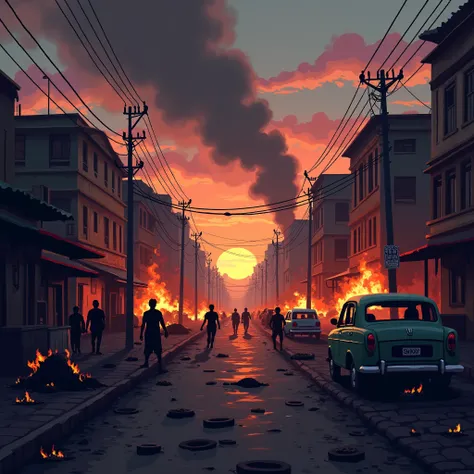 Pixel art.  A street in a Mozambican city.  There are tires and cars on fire , smoke, many angry people , thieves, chaos, disaster. Apocalypse scene . Urban, afternoon, sunset.  Movie scene