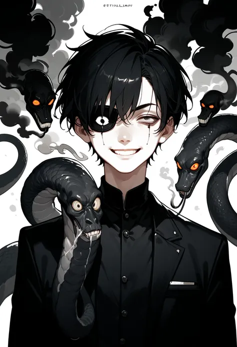 1boy, full figure, (short hair), black hair, cruel, black uniform, eyebags, (cruel smile), black smoke, black and white noise, smoke snakes