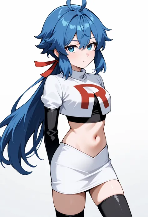 masterpiece, best quality, white background, looking the viewer, 
 1girl, blue hair, blue eyes, hair ribbon, ahoge, long hair, ponytail,  hair between eyes, red ribbon, navel, team rocket,team rocket uniform,white skirt,red letter R,crop top,black thigh-hi...