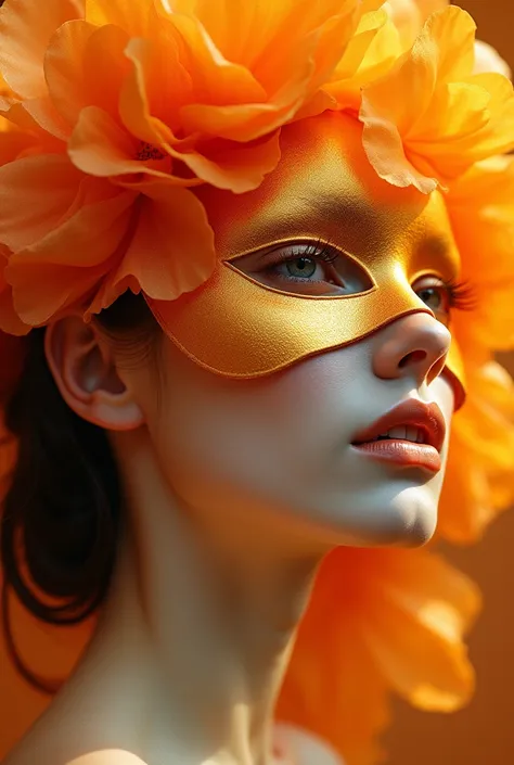  Create an image of a woman wearing a mask up to half of her face . inspired by "Tangerine Flower "
 This mask reflects the softness and sensuality of  "Tangerine Flower ".  with shades of orange and gold , evokes the color and scent of tangerine ,  blendi...