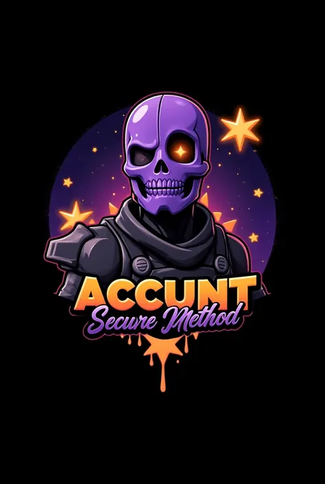 Create a logo with og fortnite character the originan purple skull trooper ( no changes ) a 3d text saying “ Account Secure Method OPxSHADOW  “ based on orange and black theme and a cute good logo , orange and black theme.