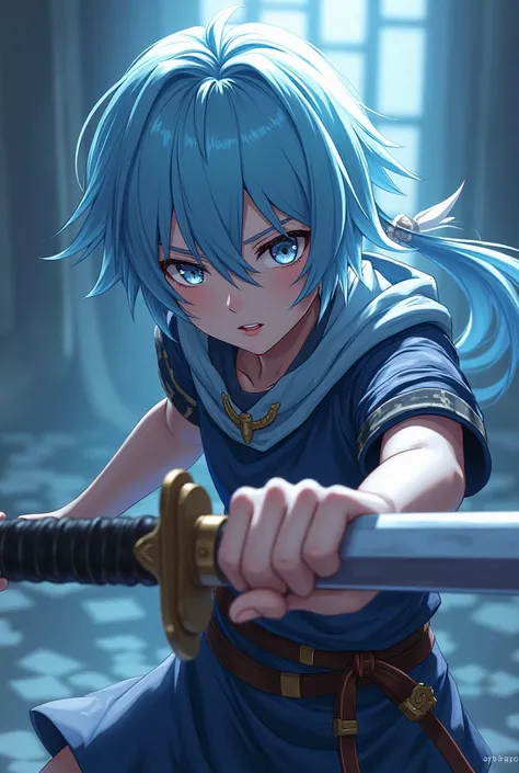 An anime person has light blue hair and gray eyes and holds a sword