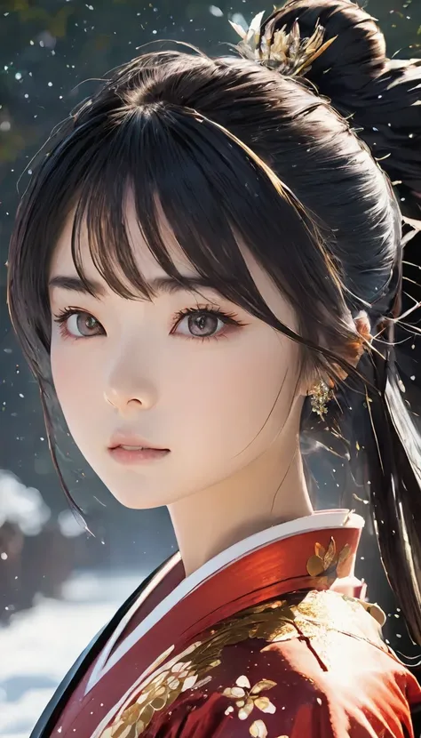 Masterpiece, top quality, highly detailed, detailed 4k artwork, gloss, shine, white gloss and sparkle, woman, samurai, Japanese red armor, hime cut, black hair, serious face、シュルレアリスム