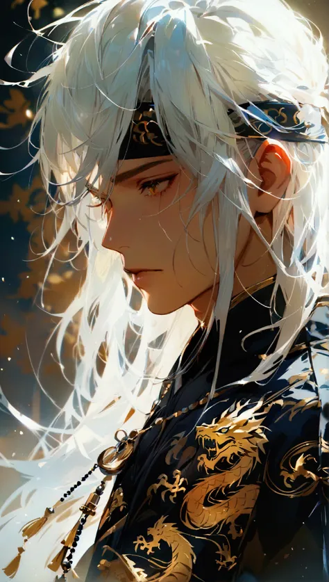  boy, long straight white hair ,  wearing black king fu clothing with golden details,  and dragon print High resolution ,  masterpiece , Necessary,  Tall details, quality,  high quality, 