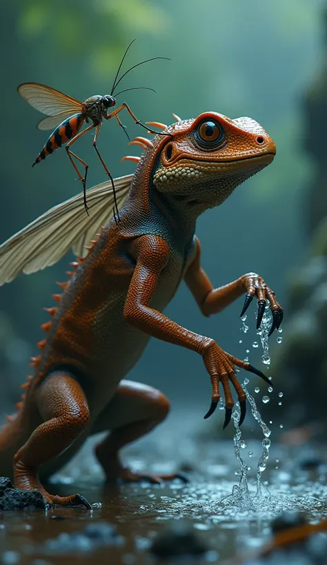 “Create a hyper-realistic and dramatic illustration of a wild mosquito on the back of a hungry lizard, angering each other with water flowing from its feathers and tentacles. The atmosphere will be intense and awe-inspiring, with intricate details and dyna...