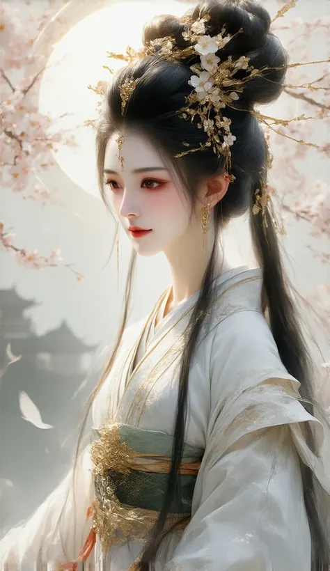 A highly realistic and detailed digital painting of Amaterasu-Ōmikami, the Japanese sun goddess, depicted as an elegant and divine figure. She is shown with radiant, glowing skin and intricate traditional Japanese attire adorned with golden and celestial p...