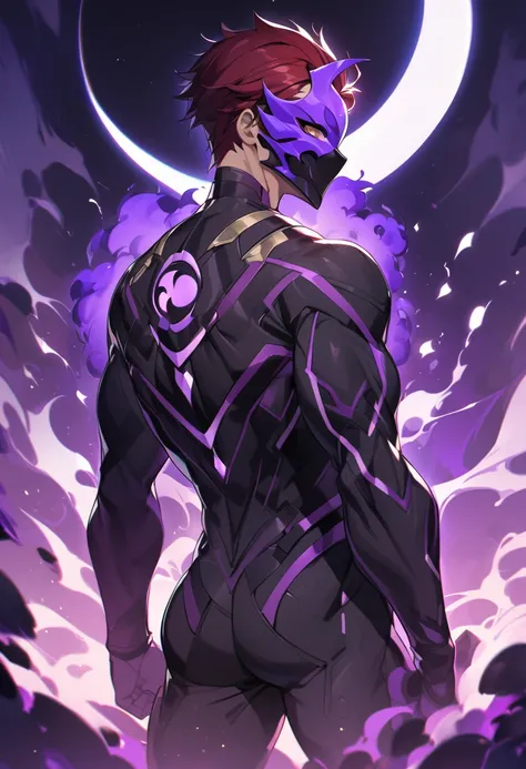 a superhero who uses purple fire, dark red hair, wears a black and yellow mask, has a waning moon symbol on his back, has an average physique, 8k high definition